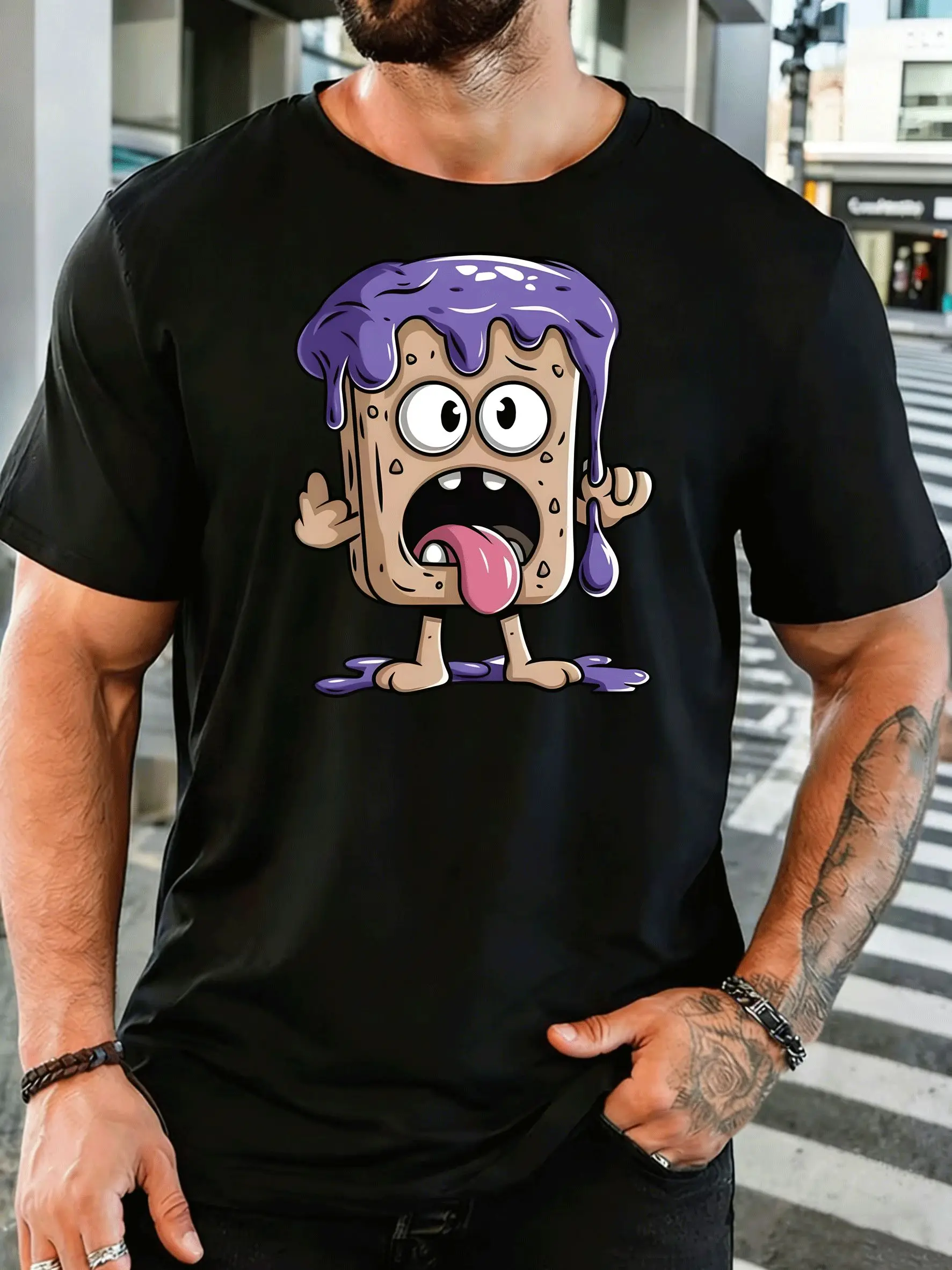 Cartoon Toast With Purple Drip Mens Front Print T Shirt Funny Surprised Food Graphic Tee Casual Short Sleeve Top Foodie Gift