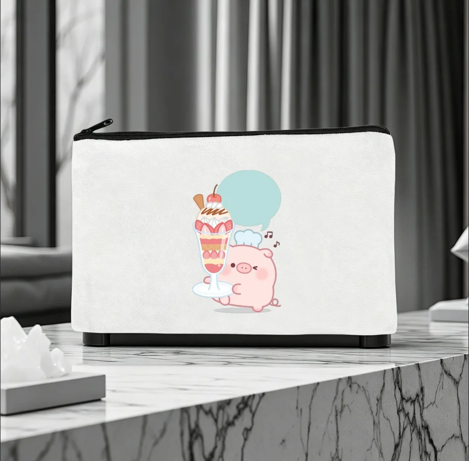 1PC Dessert Milkshake Chef Pig Print Canvas Cosmetic Zipper Storage Pouch