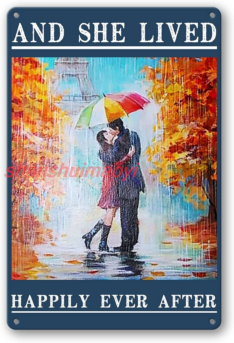 And She Lived Happily Ever After Sign Metal Tin Signs, Vintage Lovers Hugging And Kissing In The Rain Art Poster Plaque Hom HAI