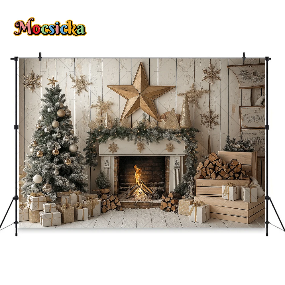 Mocsicka Weihnachten Kamin Hintergrund Gold Weihnachten Stern Dekor Kiefer Baum Geschenk Weiß Hintergrund Kinder Geburtstag Foto Holz Zimmer Stand