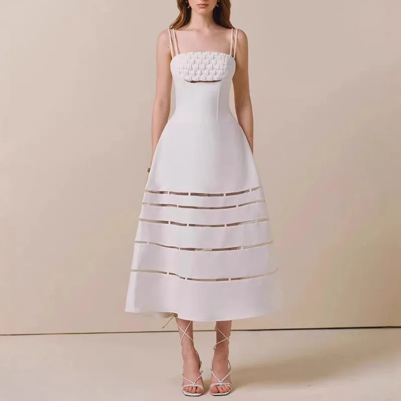 QMQA Fashion Women's Spliced Hollowed Out Cape Dress Design Sense High Waisted Solid Color Camisole Dresses 2025 Female QM692