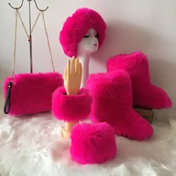 Women Winter Fluffy Faux Fur Boots with Headband Shopping Bag and Cuff Luxury Designer Boots Wholesale Girl's Snow Boots Big 44