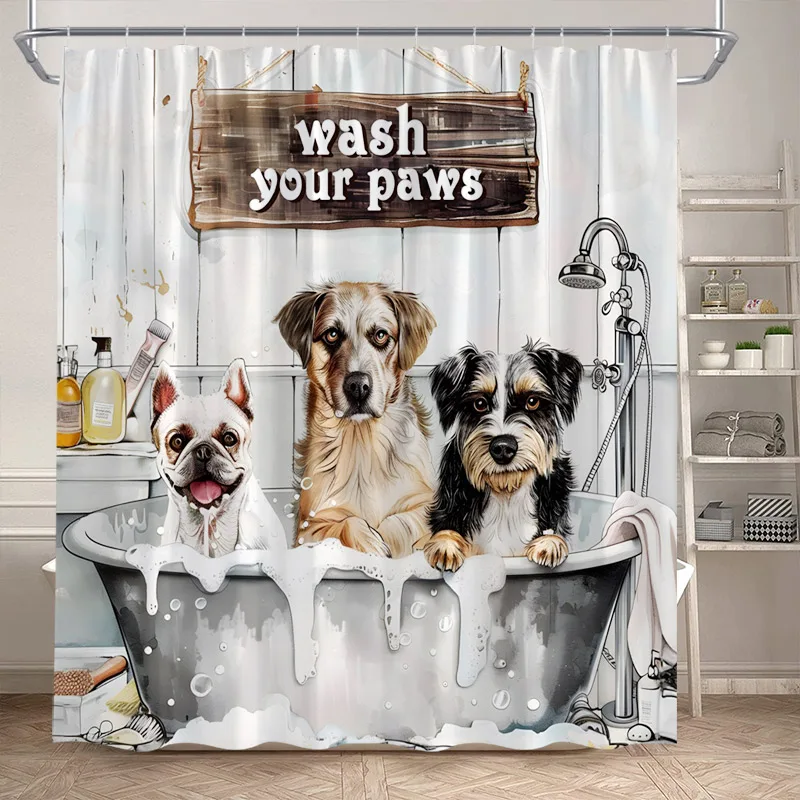 Funny Bathing Dogs Shower Curtain Bathtub Wash Your Paws Cute Pet Cartoon Animals Bath Curtains Fabric Bathroom Decor with Hooks