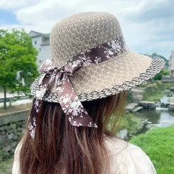 Vintage Straw Hats for Woman Elegant Floral Bowknot Ribbon Sun Hats Summer Travel Sun Protection Wide Brim Hats