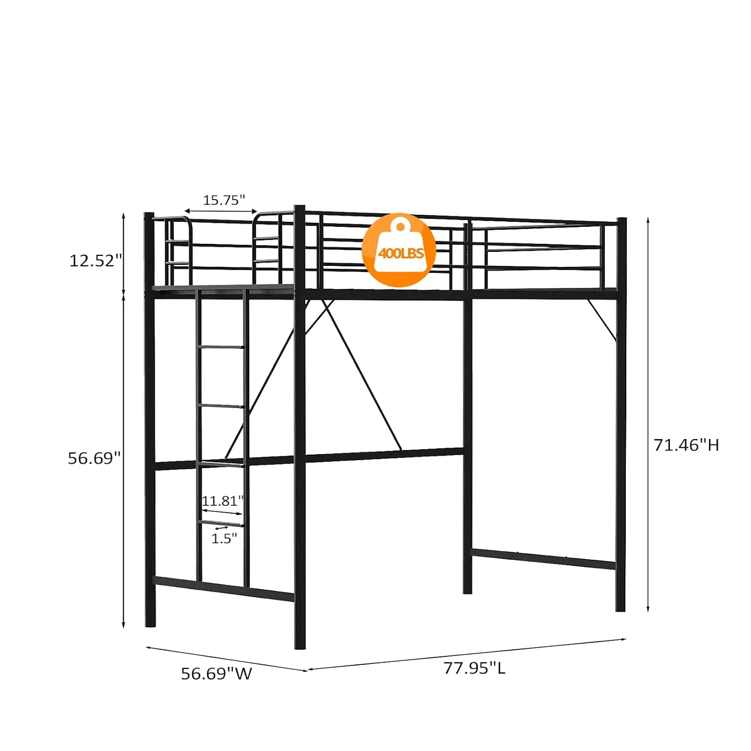 71 Inches Tall Loft Bed Twin Size with Flat Ladder Rung for Kids Teens Adults Heavy Duty Metal Single Bunk Bed
