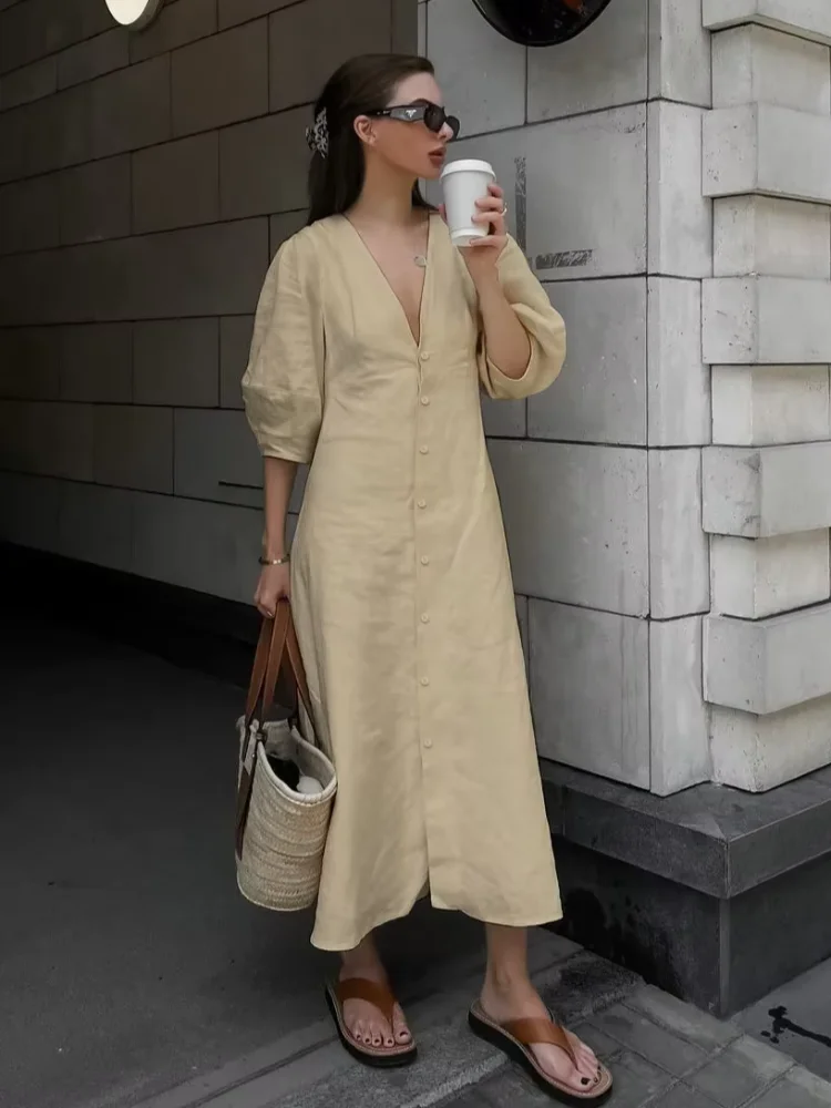 

Women Solid Linen-cotton V-neck Dress Casual Half Sleeve Single Breasted Loose Midi Dresses Lady Holiday Street Vestidos 2026
