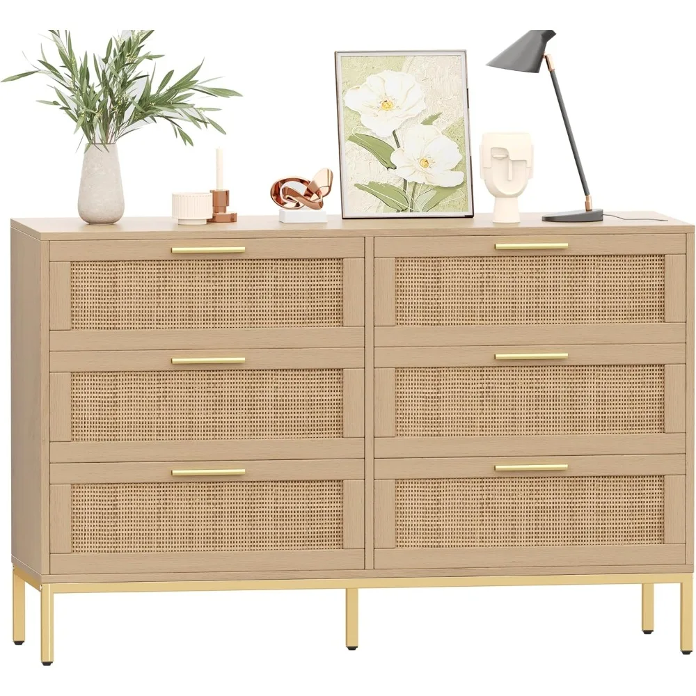 

6 Drawer Dresser for Bedroom, Chest of Drawers with Gold Handles and Legs, Modern Dresser with 6 Drawers, Living Room, Natural