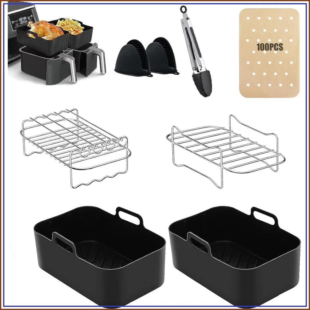 8-Piece Air Fryer Accessories Set for Most 8Qt-10Qt, Dual Racks & Silicone Liners, Gloves, Clip, 100 Paper Linings