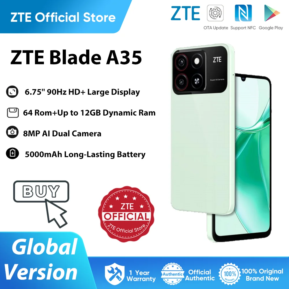 ZTE Blade A35 Global Version 6.75” HD+ Large 90Hz Display Android U/U go 5000mAh Longtime Battery 10W charger 8M AI Dual Camera