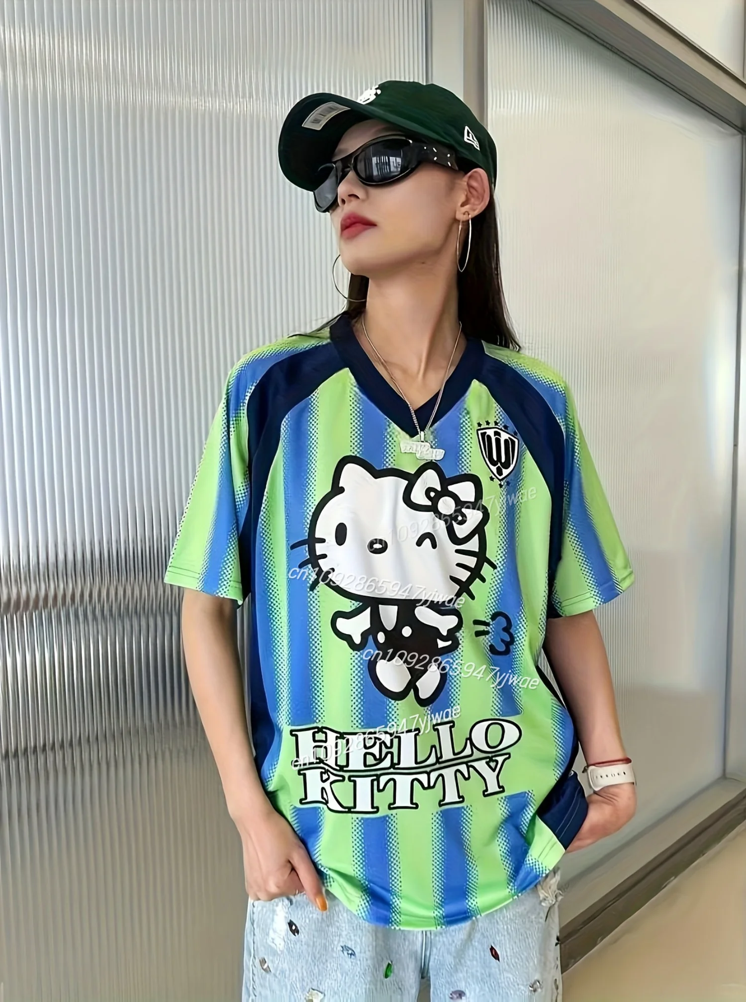 

new in Women hello Kitty Print V-Neck Short Sleeve T-Shirt Summer Tee Baseball Jerseys Stripe Oversized Sport T-Shirt