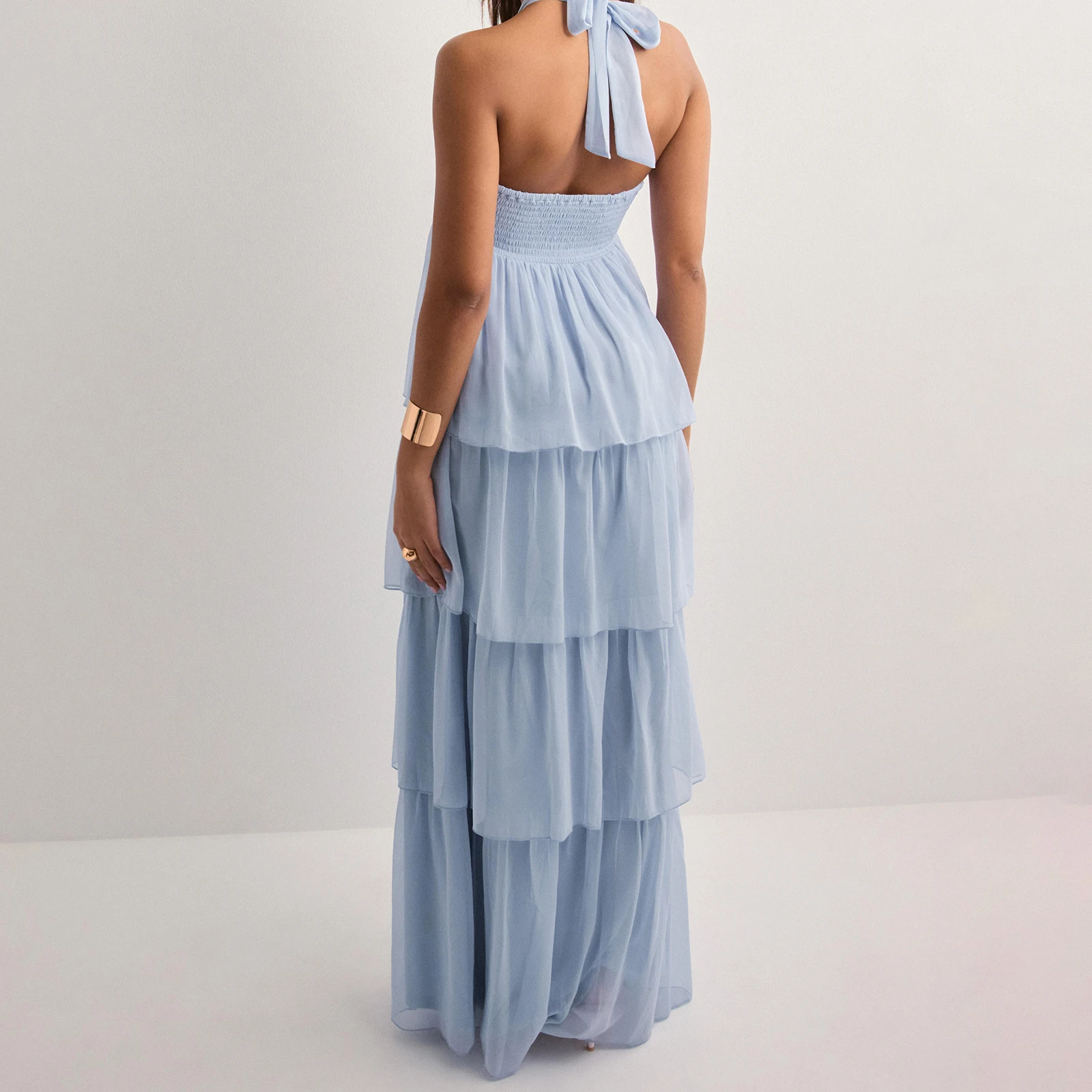 Vestido longo sem alças feminino moda sem mangas em camadas bainha tubo vestido de praia de verão