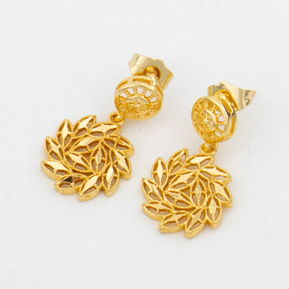 Dubai Italy Gold Color Jewelry Set for Women Simple Fashion Dangle Earrings Flower Leaf Star Pendant Necklace France Link Chain