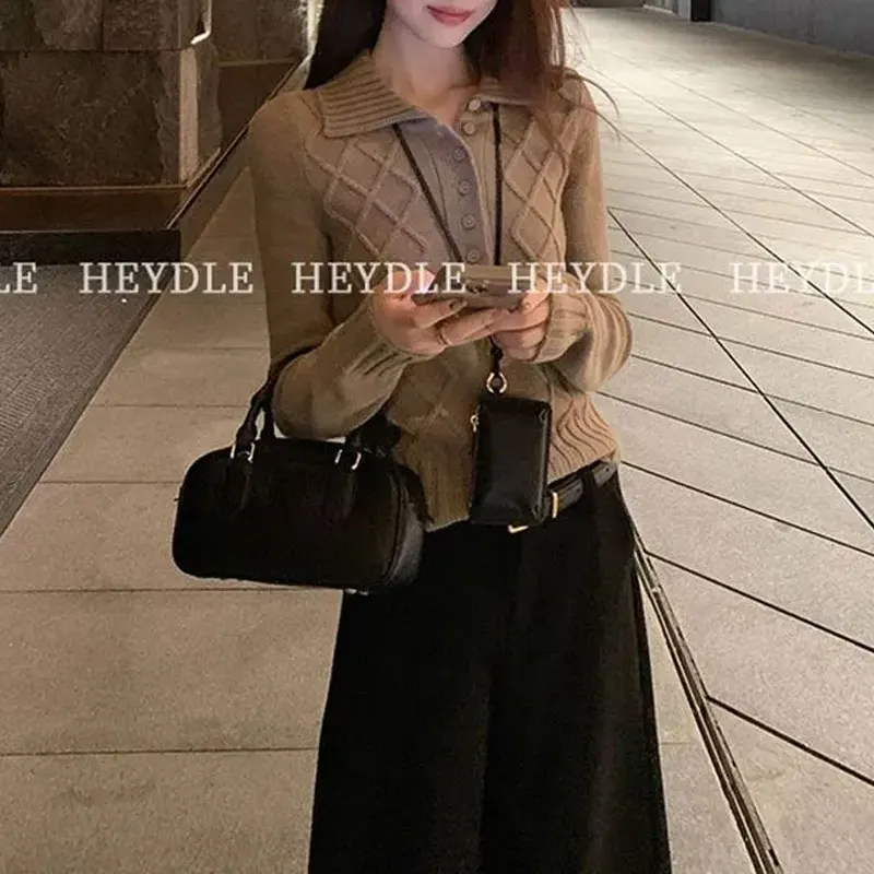 الأساسية خمر بلون محبوك البلوفرات الملابس النسائية بدوره إلى أسفل طوق زر الخريف الشتاء عارضة طويلة الأكمام البلوزات #2