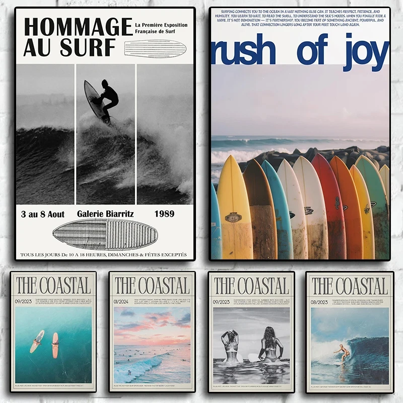 Retro Trendy Summer Sports Surfing Newspaper Surfer Girls Coastal Poster Canvas Painting Wall Art Pictures Home Bedroom Decor