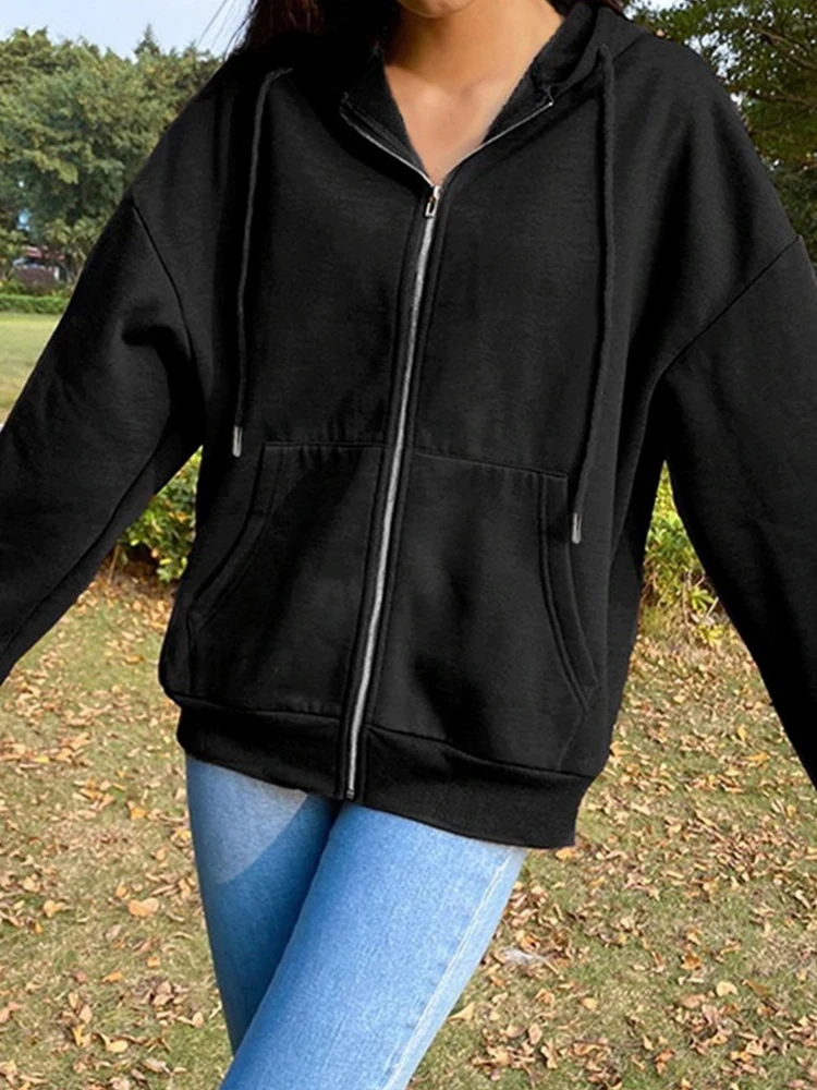 Zipper Hooded Drawstring Long Sleeve Women\'s Hoodies Solid Color Stylish Comfy Sweatshirt Autumn Black White Hooded Female Tops