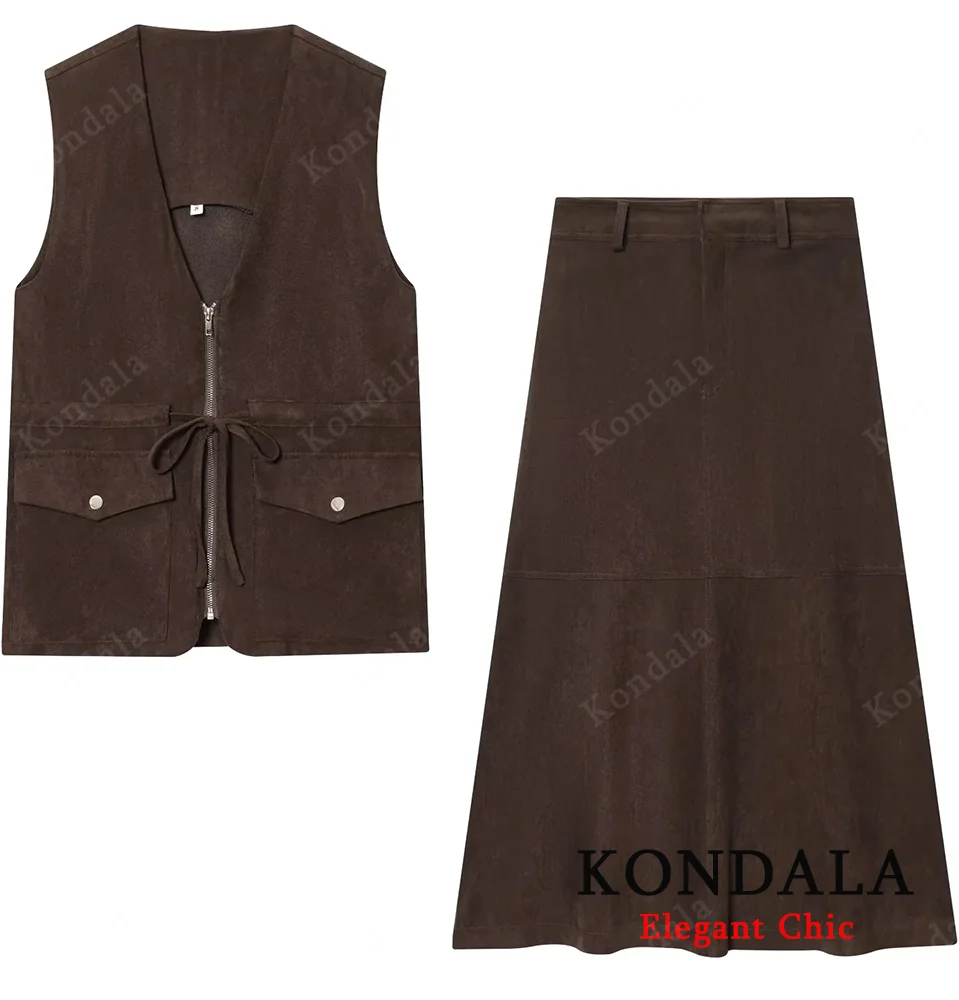 

KONDALA осенний комплект из замшевой юбки, женский повседневный жилет на молнии с v-образным вырезом, юбки миди из искусственной замши, осень-зима 202, элегантный комплект женских юбок