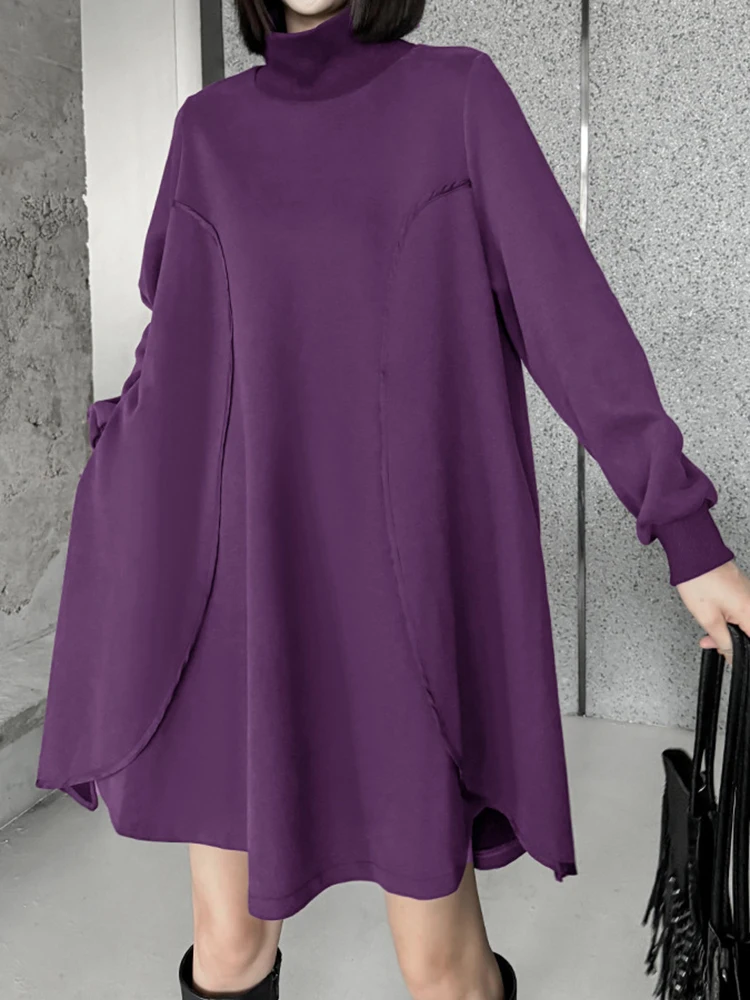 [EAM] Purple Brief Long Side Slit Sweatshirt New Turtleneck Long Sleeve Women Big Size Fashion Tide Spring Autumn 2023  1DH7566