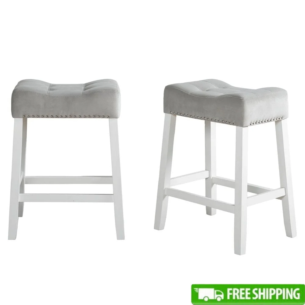 

Velvet Counter Height Stools Set of 2 Saddle Seats Tufted Design Rubberwood Footrest Indoor Dining Kitchen Furniture