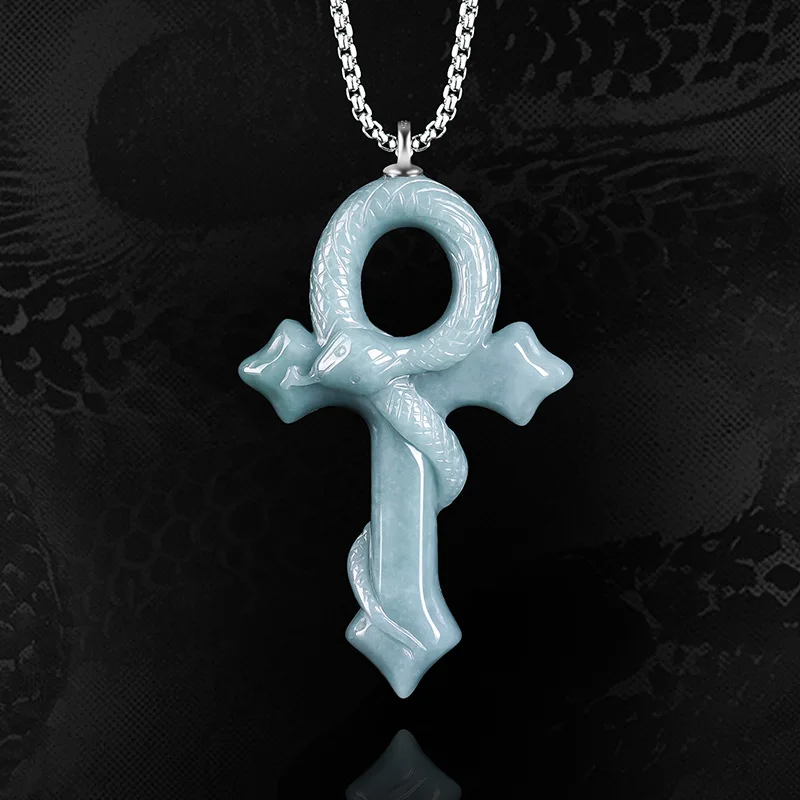 

Myanmar Jadeite Snake Cross Pendant Necklace Real Jewelry Burmese Jade Carved Amulet Designer Charm Vintage 925 Silver