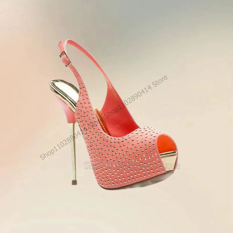 Rhinestone Decor Metal Heel Platform Bombas para mulheres, sapatos de cinta de tornozelo, moda Peep Toe, festa roxa, 2024