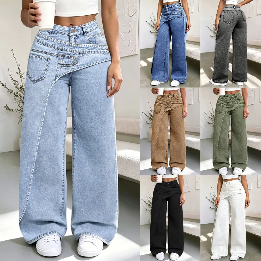 Women's Irregular High Waist Wide Leg Jeans Vintage Washed Casual Flare Denim Pants Asymmetrical Waistband Loose Long Trousers