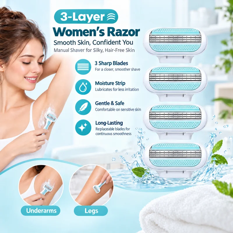 Women's Three Layer Razor Blades Household Stainless Steel Manual Safety Shaving Blade for Face Underarm and Leg Hair Removal