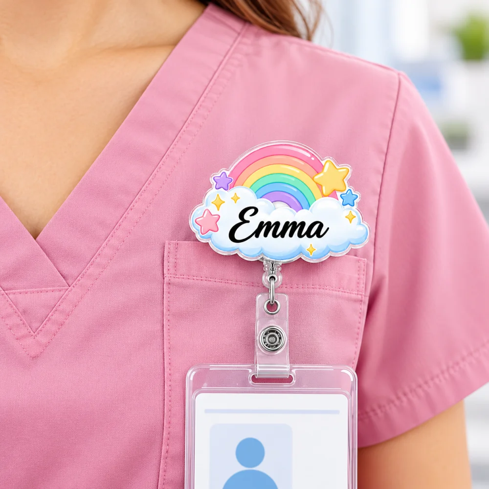 Custom Name Cute Rainbow Cloud Star Badge Reel, Retractable Acrylic ID Holder for Nurse, Healthcare Worker, Teacher Gift