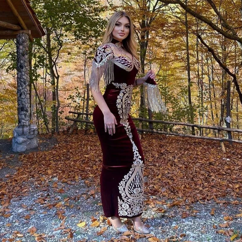 VD Sexy Moroccan Caftan Evening Dresses Mermaid Dubai Saudi Arabic Gold Embroidery Burgundy Islamic Prom Gowns Plus Size 2024