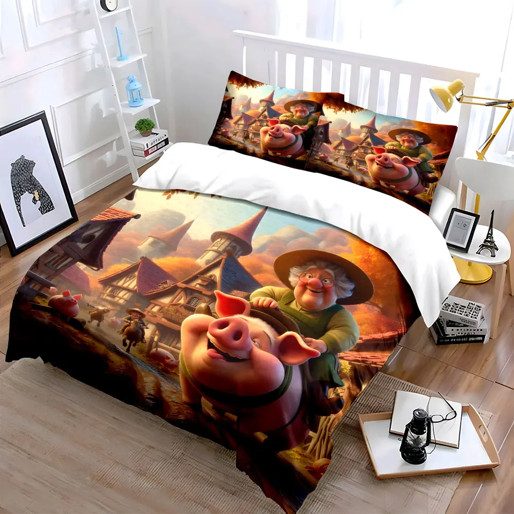 Old lady riding a pig autumn fairytale town Print Bedding Set 1 Duvet Cover 2 Pillowcases for Adult and Children Luxury Gift