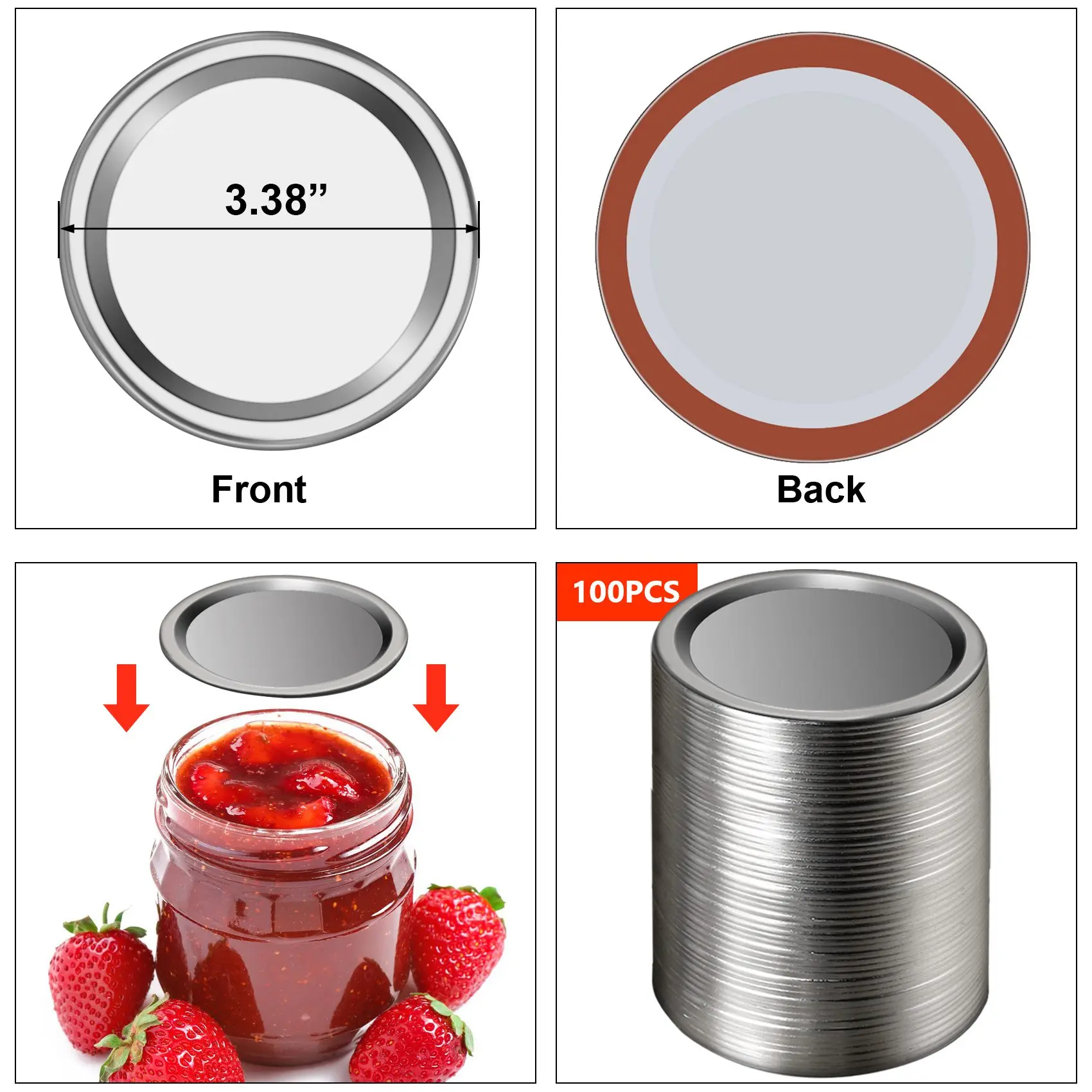 100 Pcs Wide Mouth 86 MM Jar Canning Lids, Reusable Leak Proof Split-Type Silver Lids With Silicone Seals Rings