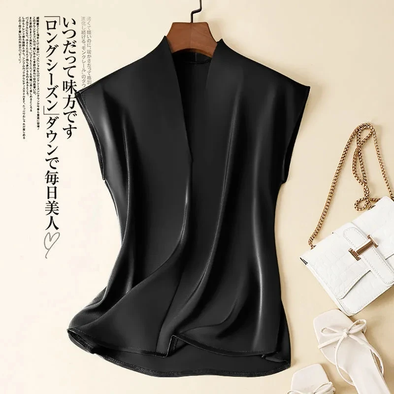 Coffee Silk Rayon V-Neck Pullover Sleeveless Casual Chic Women\'s Blouse Shirt Korean Fashion Female Clothing 2024 Summer