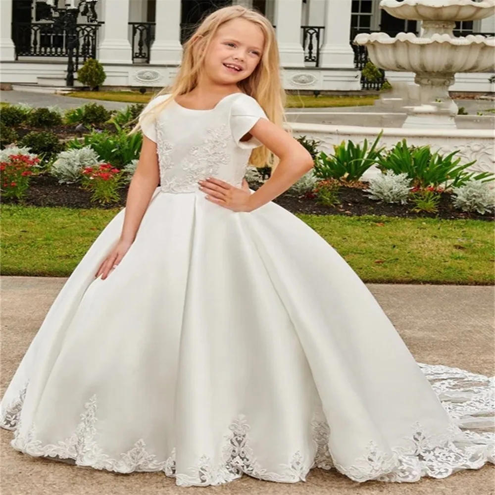 Flower Girl Dress Wedding Lace Satin Appliqué Birthday First Communion Pageant Party Bespoke Celebrations Special Occasion