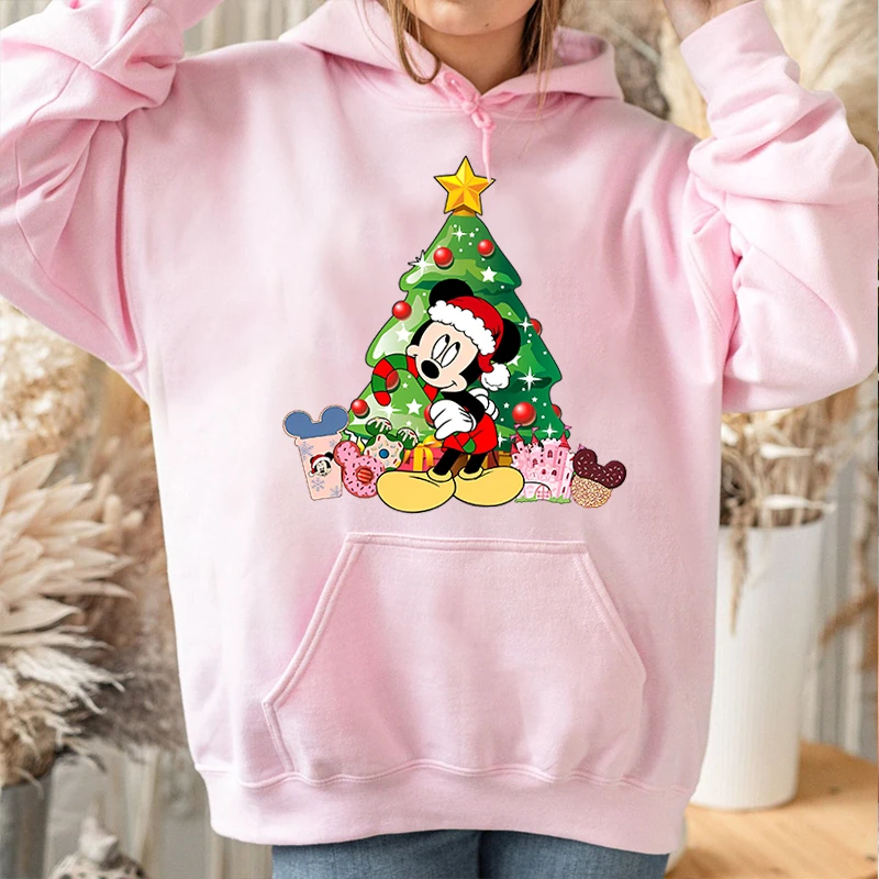 Sudadera con capucha con estampado navideño de Mickey Mouse para mujer, suéter deportivo de terciopelo, Top suelto rosa, Otoño e Invierno