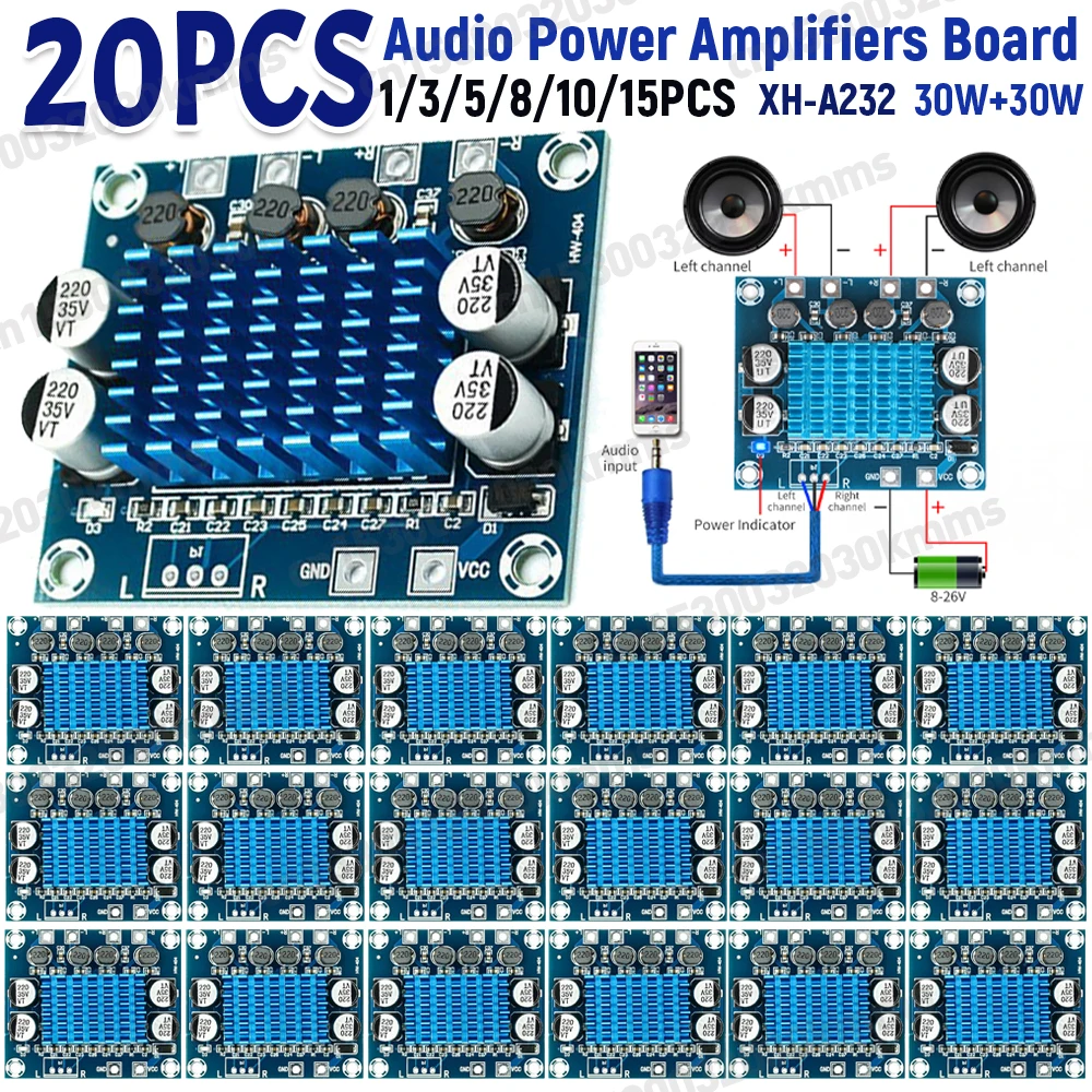 20-1PCS TPA3110 XH-A232 Powerful Amplifier Module 30W+30W Dual Channel Digital Stereo Audio Power Amplifier Board DC 8-26V 3A