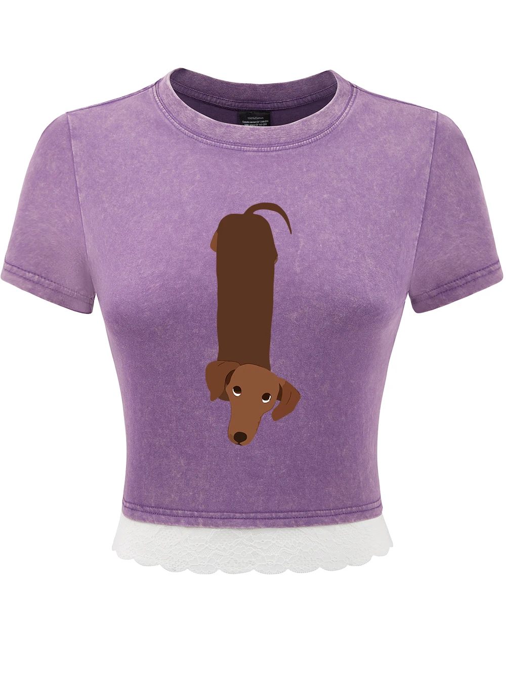 

Funny Cartoons Dogs Printing Cotton Crop Tees Womens Summer Y2K Lace Hem Washed T-Shirts Distressed O-Neck Tops Casual Clothes