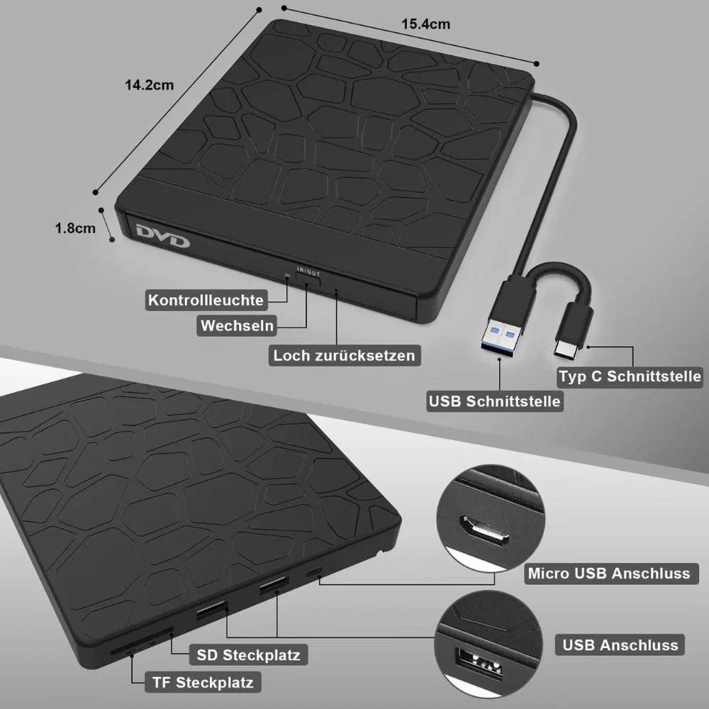 

USB 3.0 DVD-запись Внешний USB C CD +/-RW-привод DVD-считыватель и записывающее устройство с 2 слотами USB и TF/SD DVD-плеер