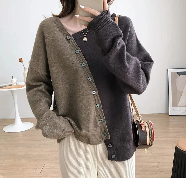 

Вязаный свитер с длинным рукавом, женская свободная рубашка с базовым слоем, асимметричный дизайн на пуговицах