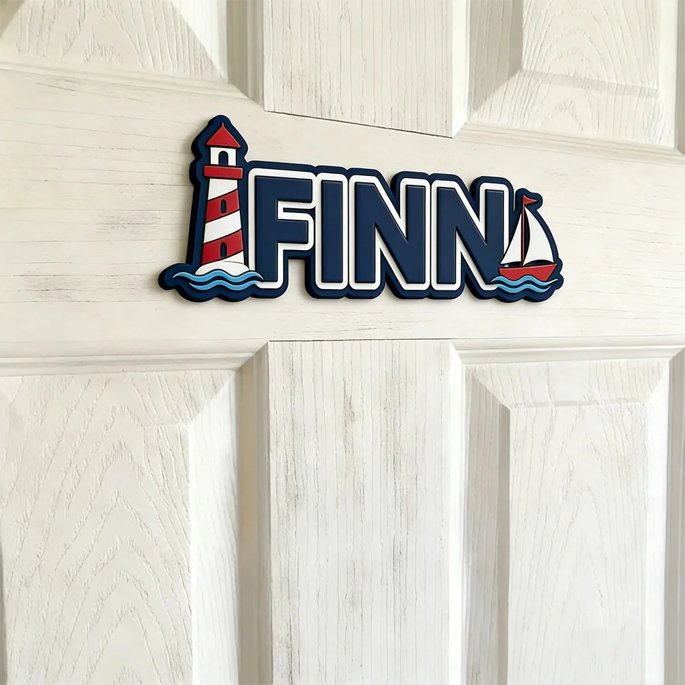 Whimsical Coastal Lighthouse & Sailboat Custom Name Plaque for The Dearest Baby, 3D Wooden Kids Door Sign with Ocean Waves, Naut