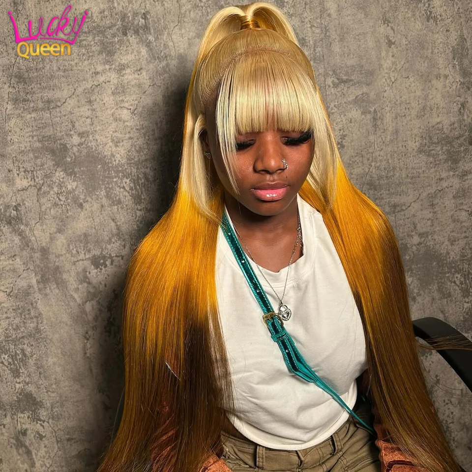 

Straight Ombre Yellow With Bangs 13x6 Frontal Human Hair Wigs For Women 180Density Pre Plucked Transparent Lace 613 Blonde Wigs