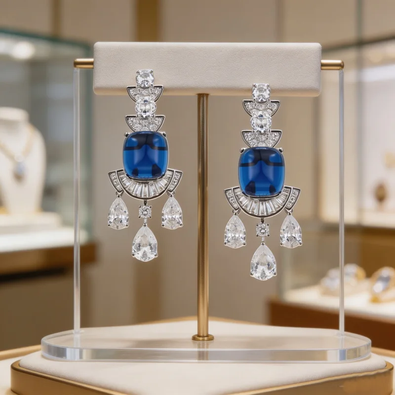 Vintage Fashion Style Stud Earrings Women Lady Inlay Cubic Zircon Synthetic Sapphire Tassels Eardrop Fine Jewelry