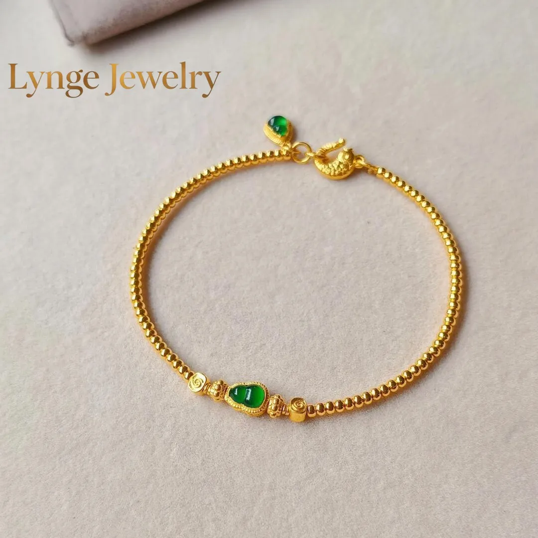 Lynge Jewelry AU999 Good Luck Koi Green Gourd 24K Real Gold Chinese Style High-Pretty Bracelet Luxury and Fashion Gifts for Girl