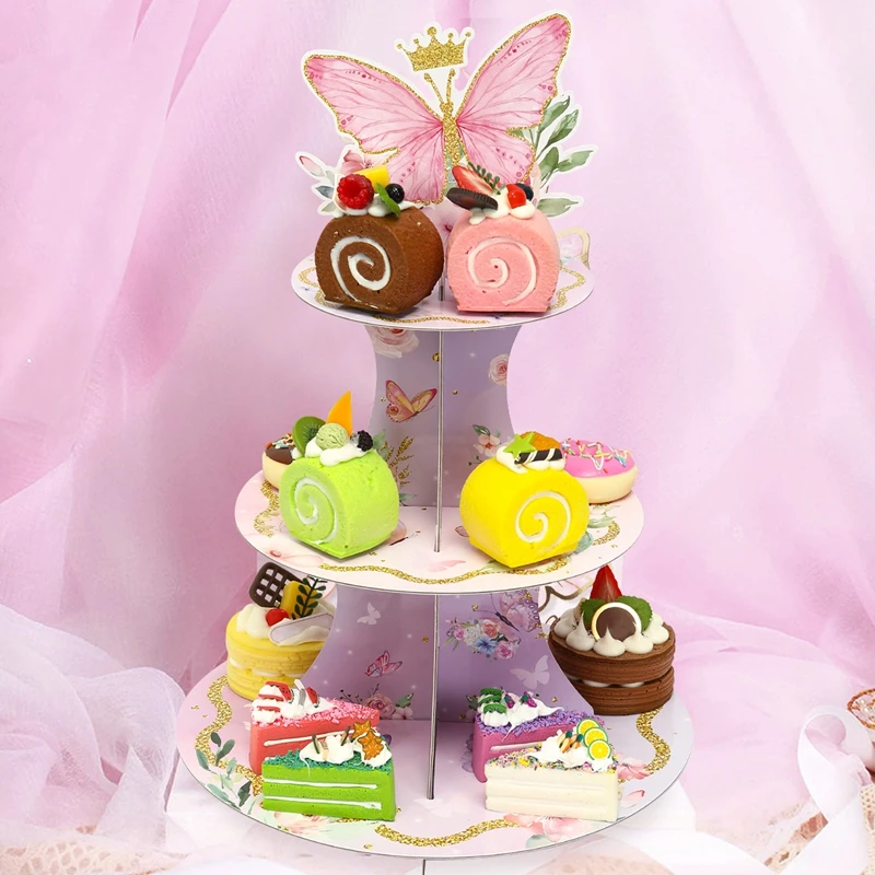 1 Set 3-stufiger Schmetterlings-Cupcake-Kuchenständer für Hochzeit, Geburtstag, Party-Dekorationen, Cupcake-Halter aus Pappe, Cupcake-Turm für Party – Detail 7