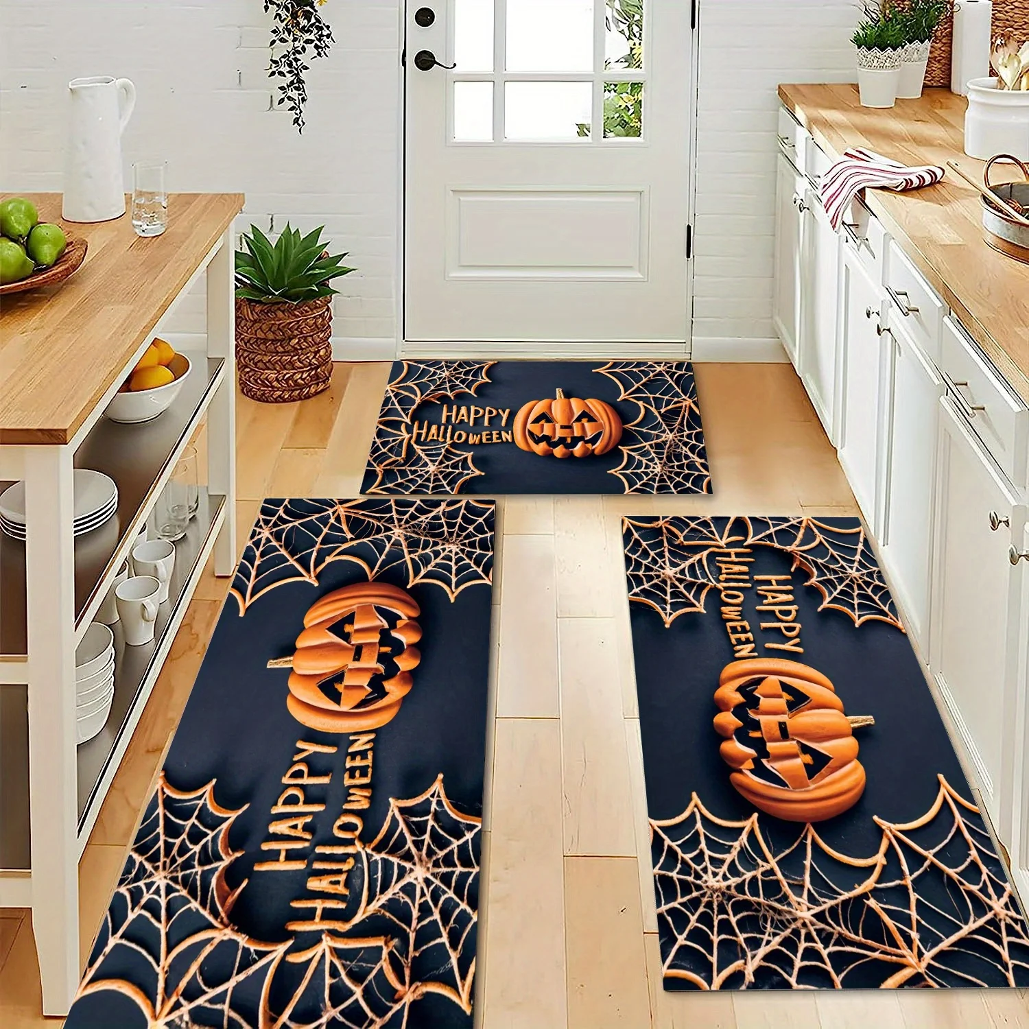 VIKAMA Teppich mit Halloween-Motiv, Kürbis, Spinnennetz, Bodenmatte, Küchenteppich, Fußmatte, waschbar, schmutzabweisend, Teppich, Outdoor-Teppich