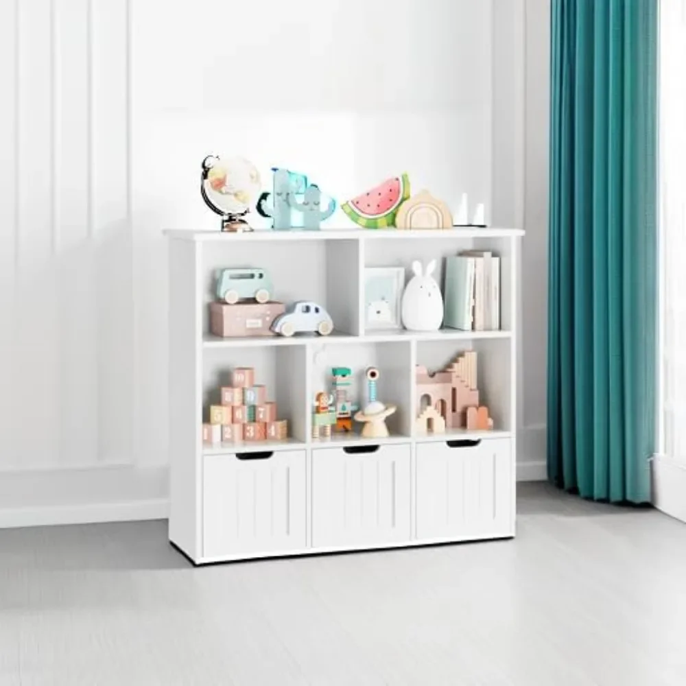 

Toy Storage Organizer with 3 Movable Drawers, Floor Storage Cabinet Toy Chest with Hidden Wheels and Cubbies, bookshelves