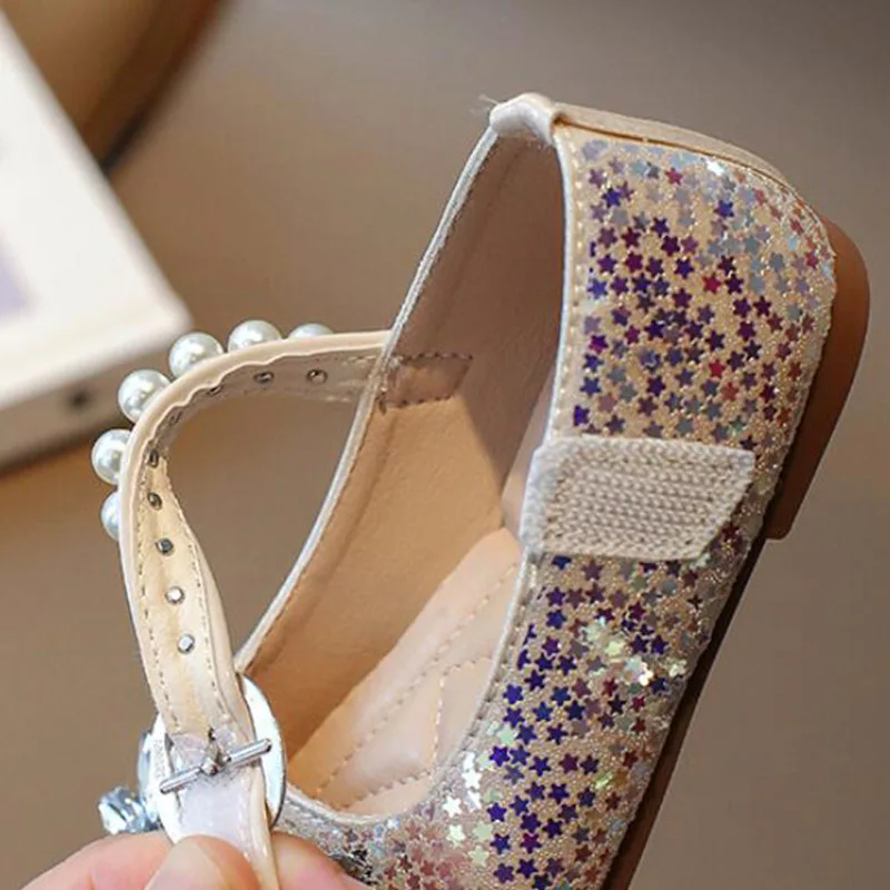 Girls Leather Shoes Spring Autumn Fashion Sequins Rhinestone Kids Princess Shoes Flat Heels Single Shoes