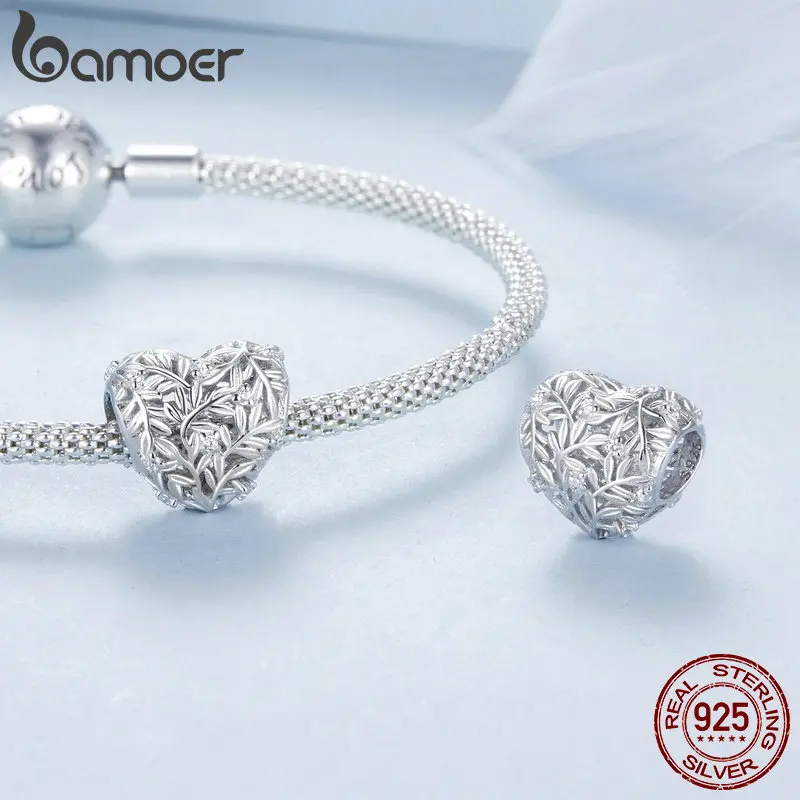 BAMOER 925 Sterling Silver Heart-Shaped Hollow Charms for Bracelets, Classic Leaves DIY Beads Charm Jewelry Gifts for Women