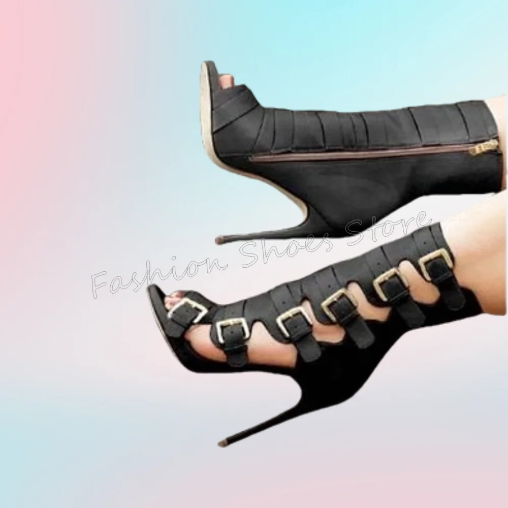 

Black Peep Toe Side Zipper Sandals Boots Buckle Decor Thin High Heels High Heel Shoes for Women Heels 2025 New Zapatos Para Muje