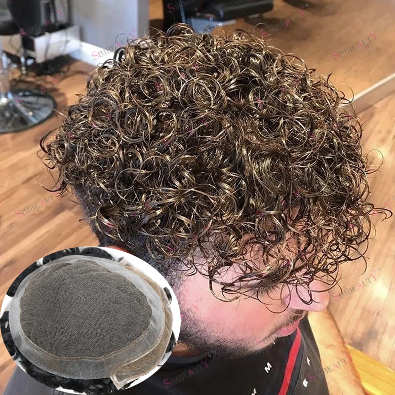 

Супер прочный HD кружевной топ из искусственной кожи, мужской парик, 100% натуральные человеческие волосы, 18 мм, вьющиеся мужские парики, дышащие отбеленные узлы, шиньоны