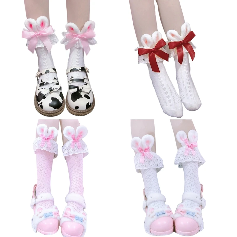 Cotton Crew Socks Plush Rabbit Bunny Ears Bow Lace Anime Hosiery