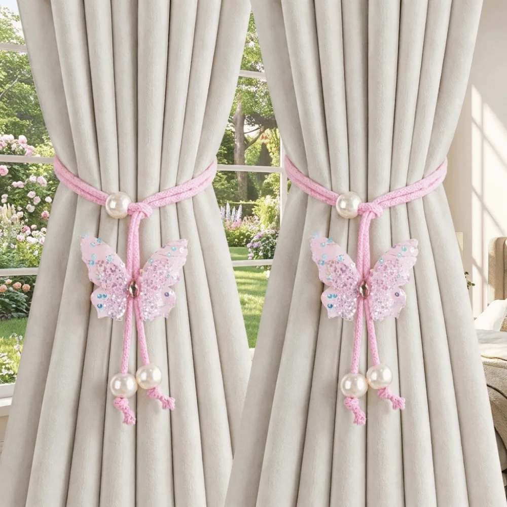 Sequin Butterfly Shaped Curtain Tieback Adjustable Handmade Creative Curtain Straps Decorative Artificial Pearl Curtain Buckle